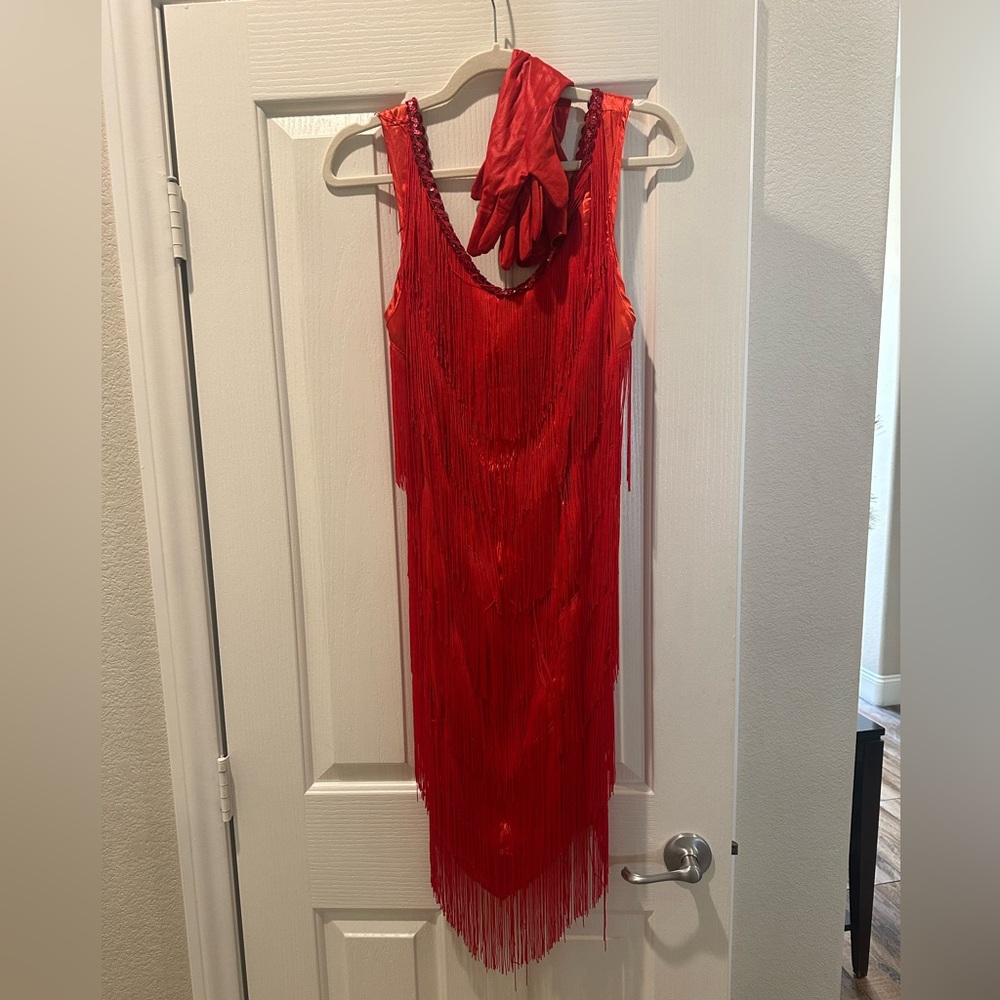Red Fringe Flapper Mini Costume Dress with Red Gloves